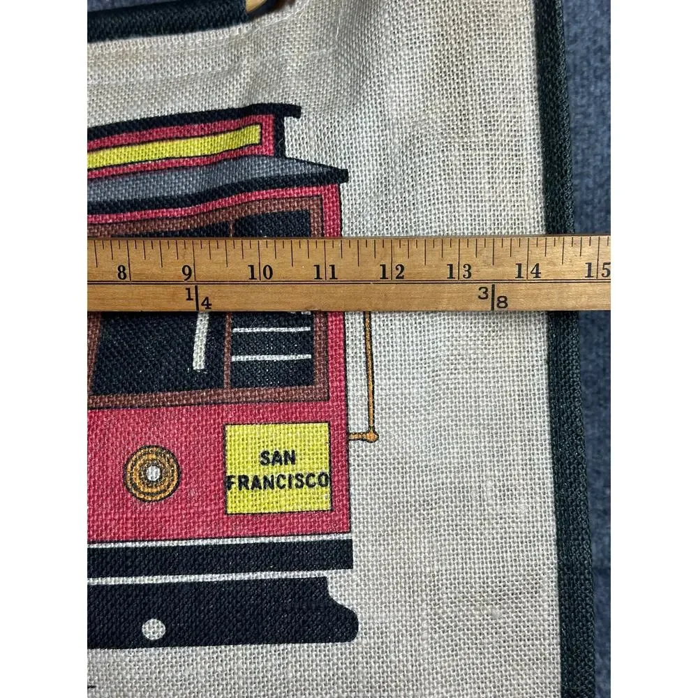 Vintage burlap tote San Francisco cable car trolley bamboo handles by Koret 15”